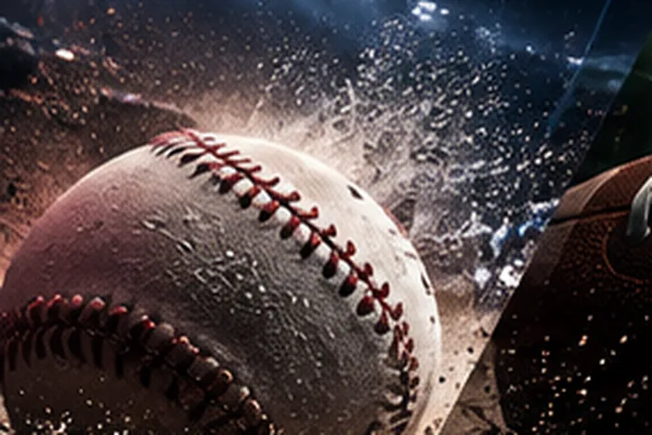 A baseball kicking up infield dirt under stadium lights