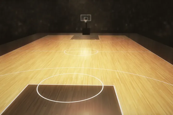 An empty basketball court under arena lights