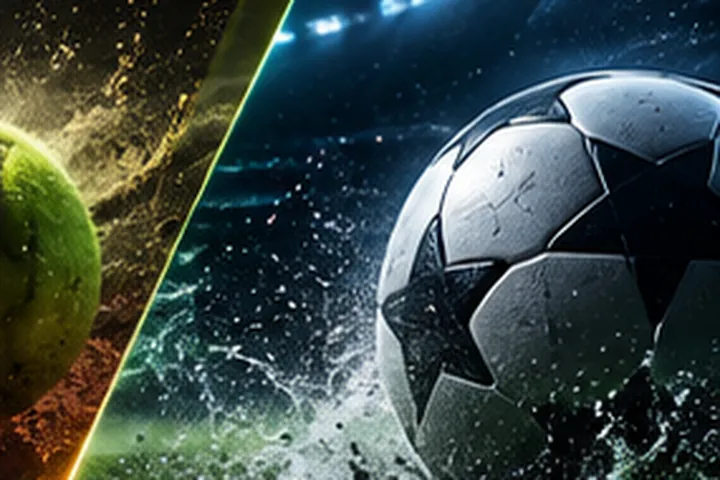 A soccer ball splashing across wet grass under floodlights
