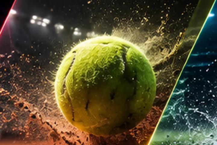 A tennis ball hitting a clay court in a burst of dust
