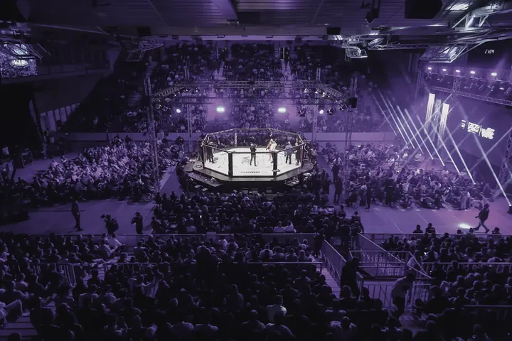 A crowded arena around a lit fighting cage