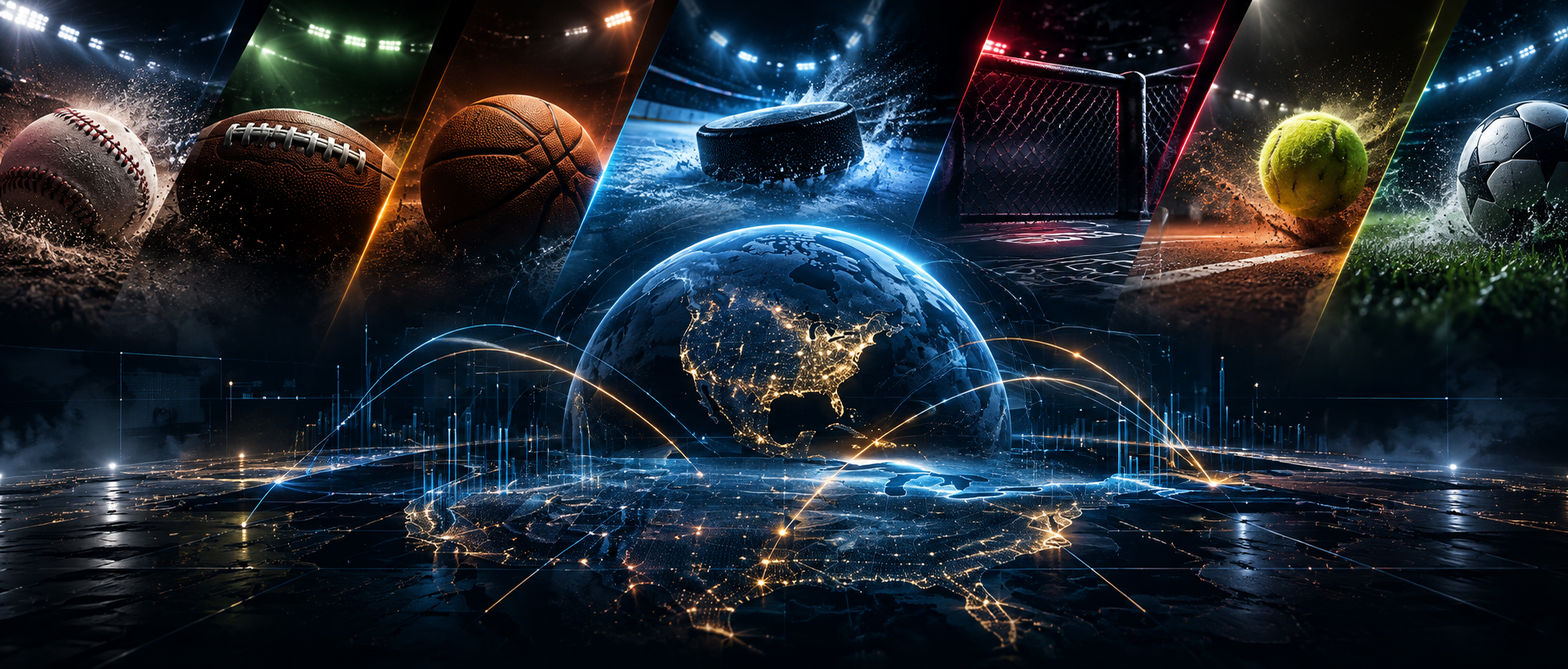 Seven sport panels — baseball, football, basketball, hockey, a fight cage, tennis and soccer — above a glowing globe linked by data lines